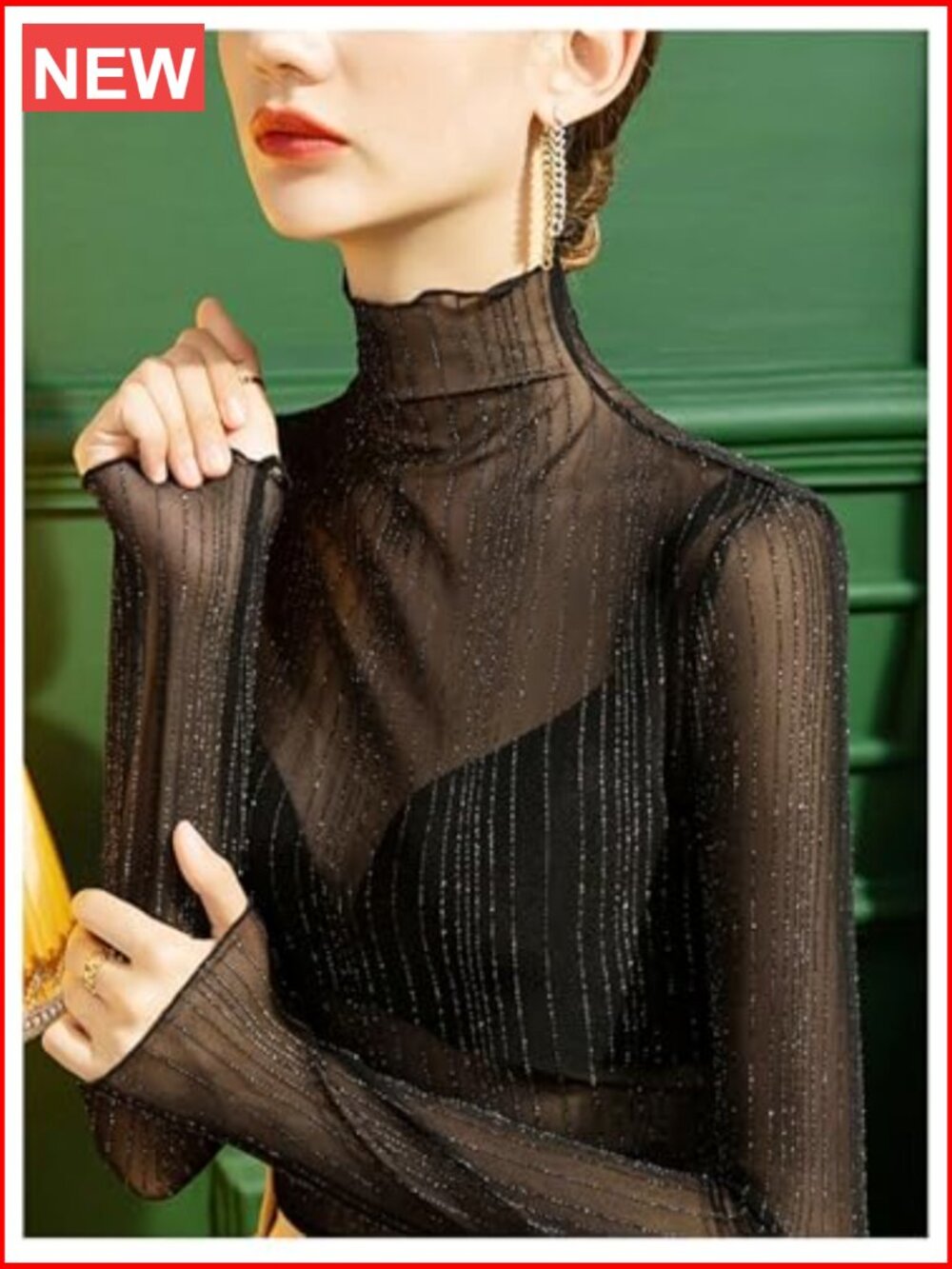 Women's Mock Neck Mesh Sheer Long Sleeve Tops See Through Going Out Tee - Picture 4 of 5